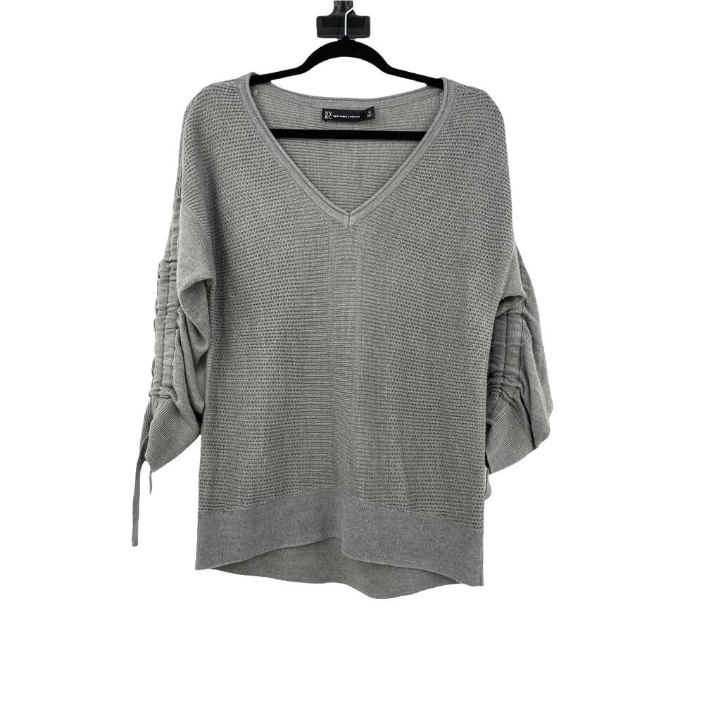 New York & Company Sweater Womens Medium Ruched Sleeve Sweater Gray V Neck